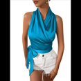 thumbnail image 2 of Blusa de Satén para Mujer, Cruzada, con Cuello en V, Sin Mangas, con Lazo Lateral, Elegante Top Corto de Verano. Azul M, 2 of 9