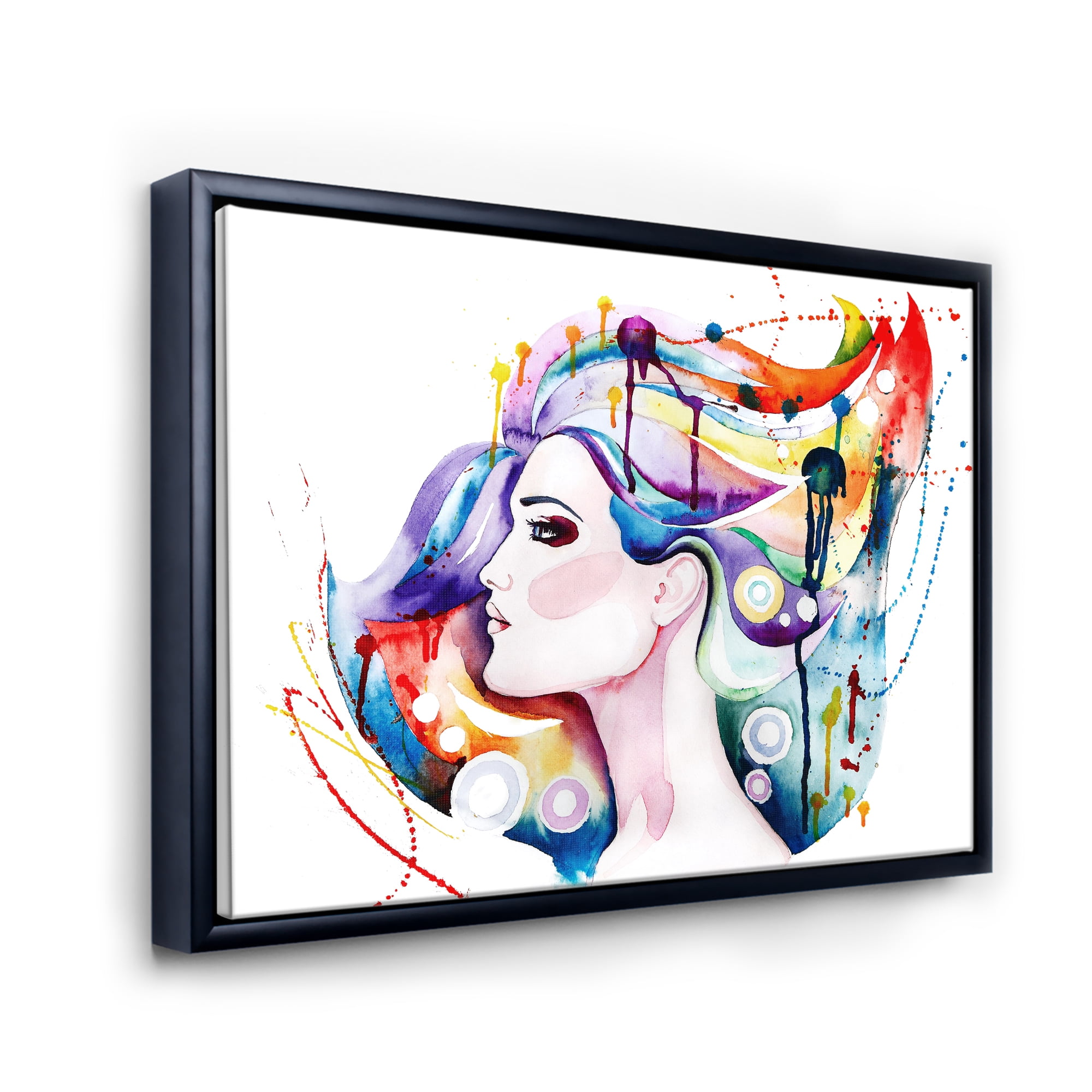 Beautiful Young Woman With Colorful Hair 32 in x 24 in Framed Painting Canvas Art Print, by Designart
