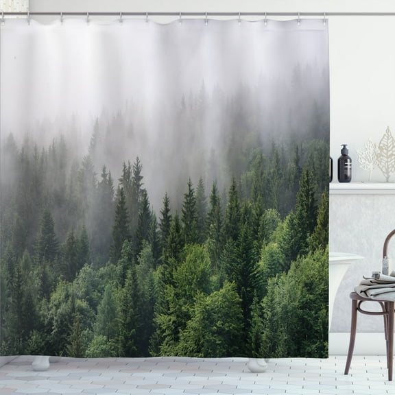 Ambesonne Evergreen Shower Curtain, Foggy Forest Wildlife, 69"Wx70"L, Dimgray and Green