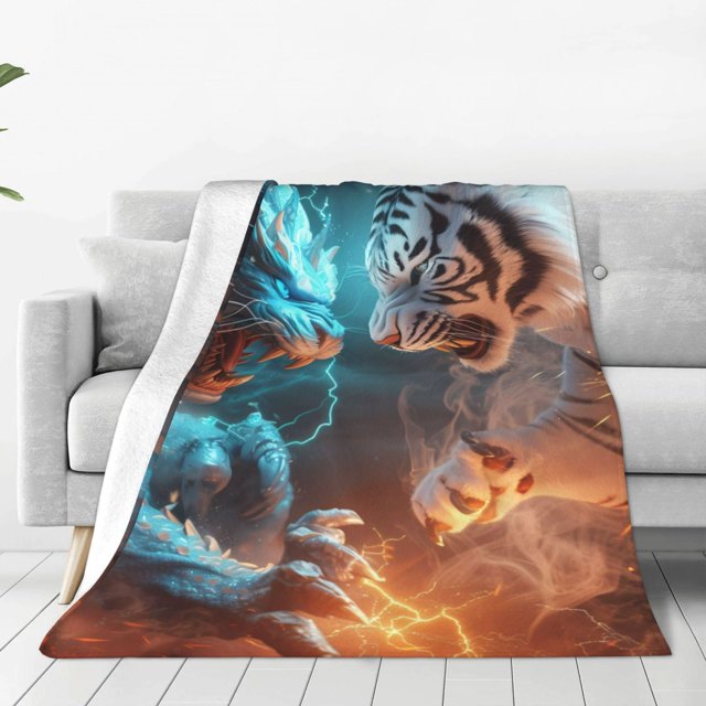 Balery Blue Dragon And White Tiger Manta de Felpa Suave y Acogedora – Cobija de Franela Aterciopelada para Cama, Lavable y Cálida para Sofá, Mascotas, Transpirable-50"x40"