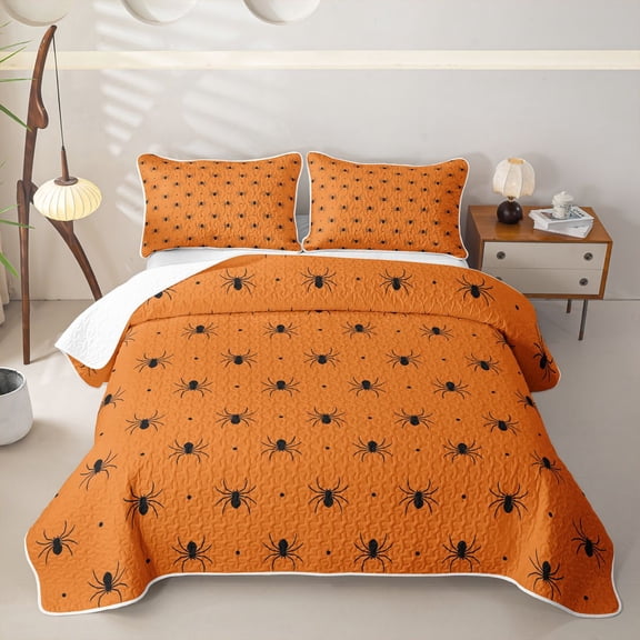 Homewish Simple Halloween Spider Twin Quilt Set,Tiny Bug Print Twin Coverlet Set,Orange Black,2-Piece