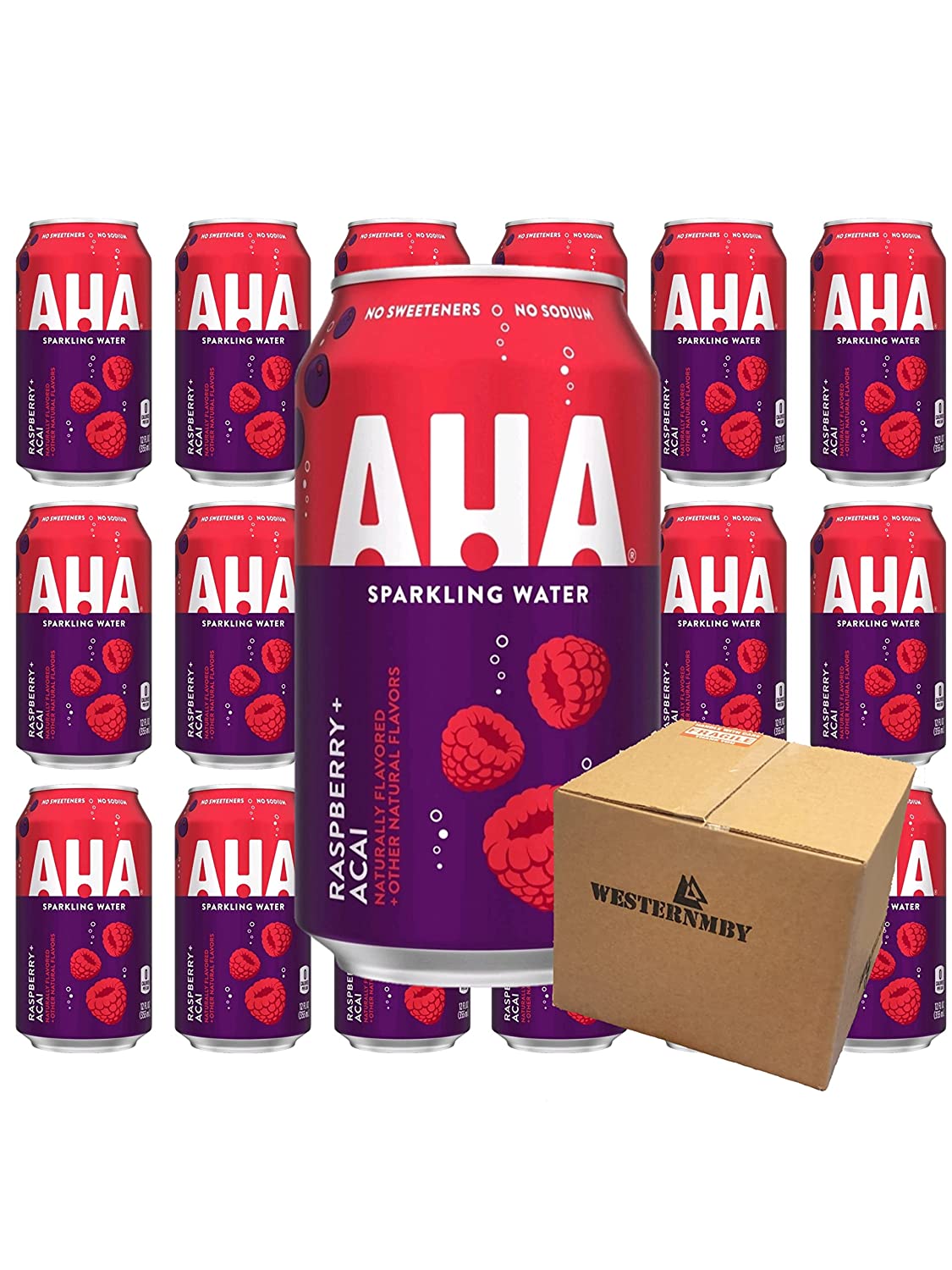 WESTERNBMY AHA Raspberry + Acai sparkling water, 12 fl oz, 18 cans, 12