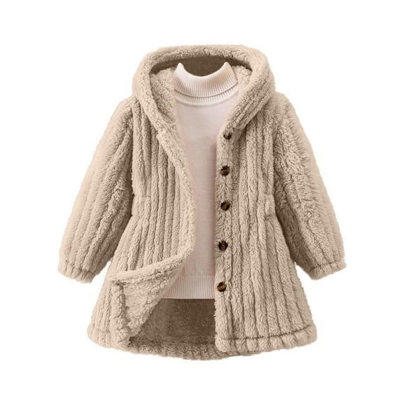 SwiftWear Girls Fuzzy Fleece Jacket Casual Button Down Sherpa Overcoat Faux Fur Long Outwear with Hood 3-7 Years, Beige