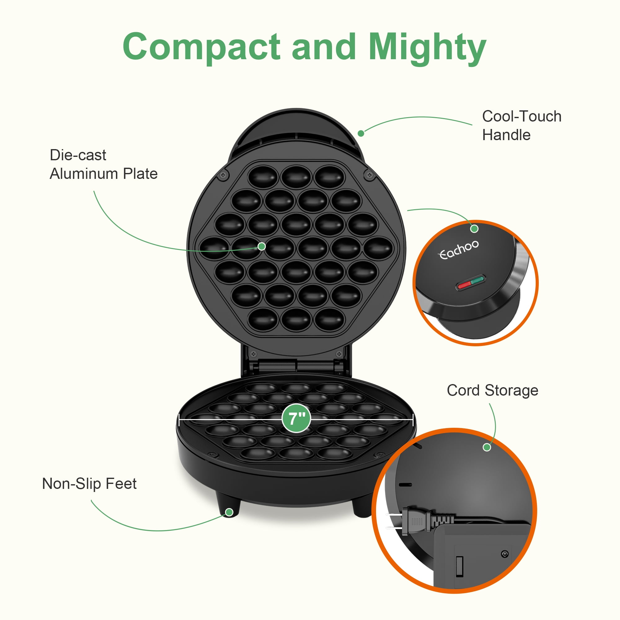 CACHOO Bubble Waffle Maker- Electric Non stick Hong Kong Egg Waffler Iron Griddle - Ready in under 5 Minutes(1200W, Black)