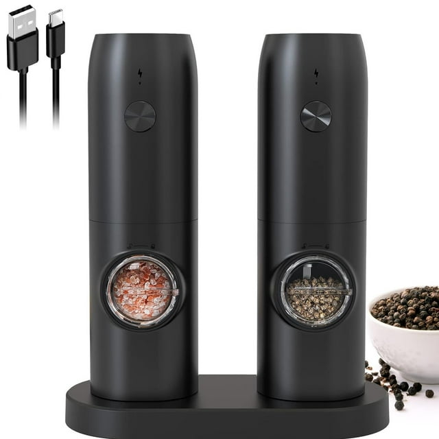 Moulin à Poivre et Sel Électrique Rechargeable USB-C – Broyeur Automatique avec Réglage de Finesse et Base Incluse (Design Noir Élégant)