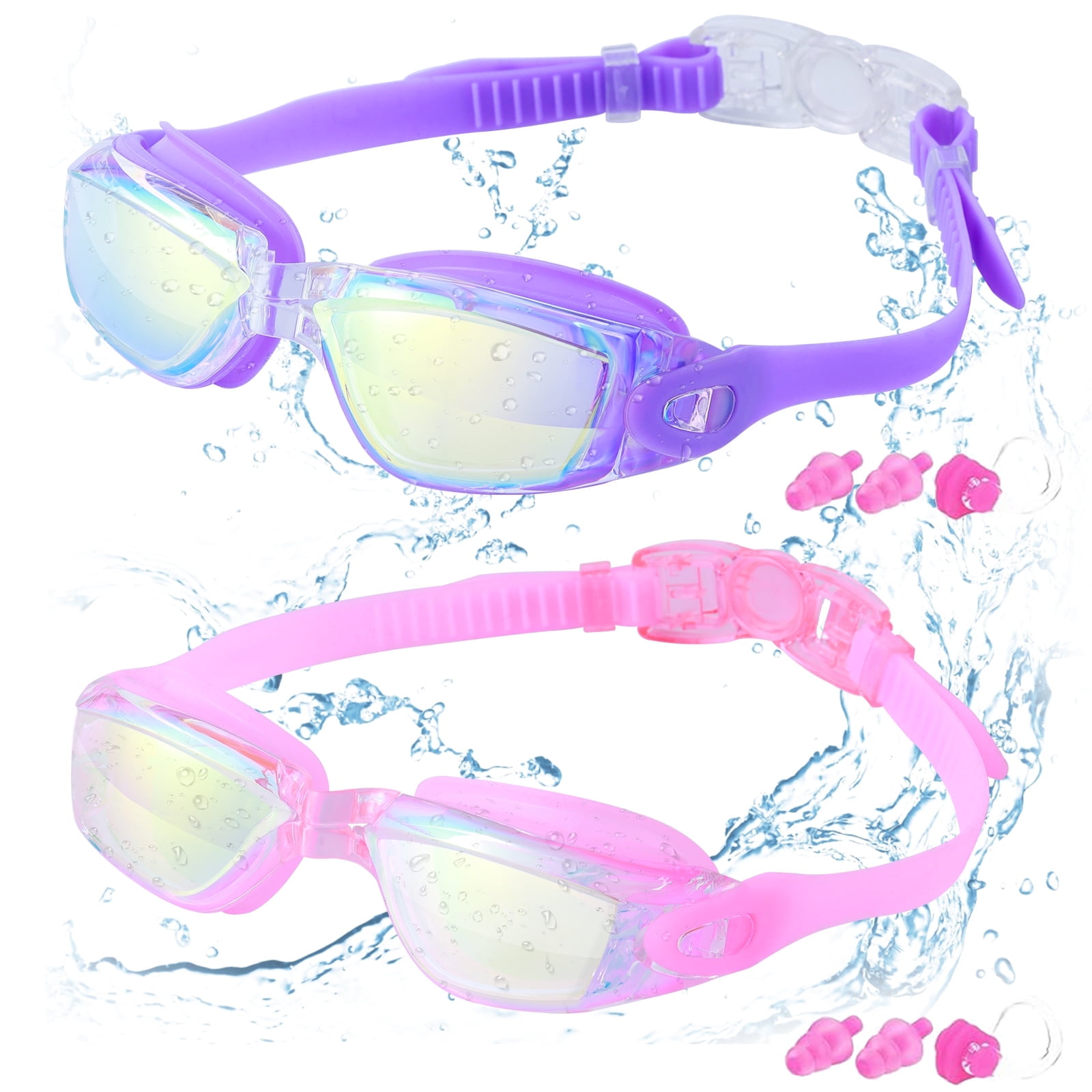 2-Pack Anti-Fog Swimming Goggles - Wide View, UV Protection, Soft Silicone Seal (White & Yellow)