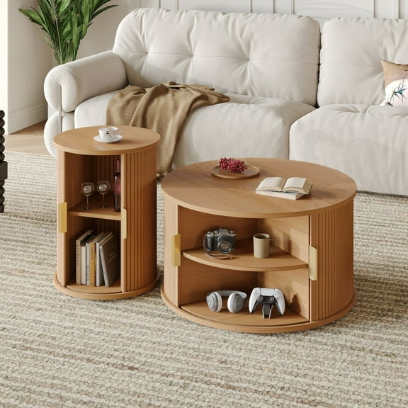 Set of 2 Coffee Table with Sliding Tambour Door, Mid-Century End Table Set with Storage, Round Fluted Center Table, Tall & Low Side Table for Living Room, Natural