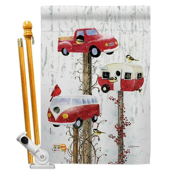 Breeze Decor BD-WT-HS-114218-IP-BO-D-US18-BT 28 x 40 in. Retro Birdhouse Winter Wonderland Impressions Decorative Vertical Double Sided House Flag Set with Pole Bracket Hardware