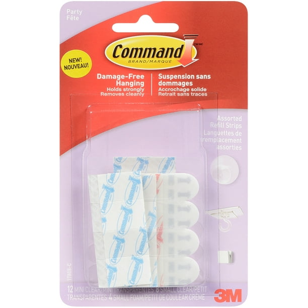 Command (TM) Party Assorted Refill Strips-12 Mini Clear,8 Sm Clear &amp; 4 Sm Foam/Pkg