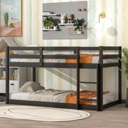 Low Height Design Solid Wood Twin over Twin Floor Bunk Bed with Ladder, Fence and Ladder for Toddler Kids Teens, Safety Design for Kids (Espresso)