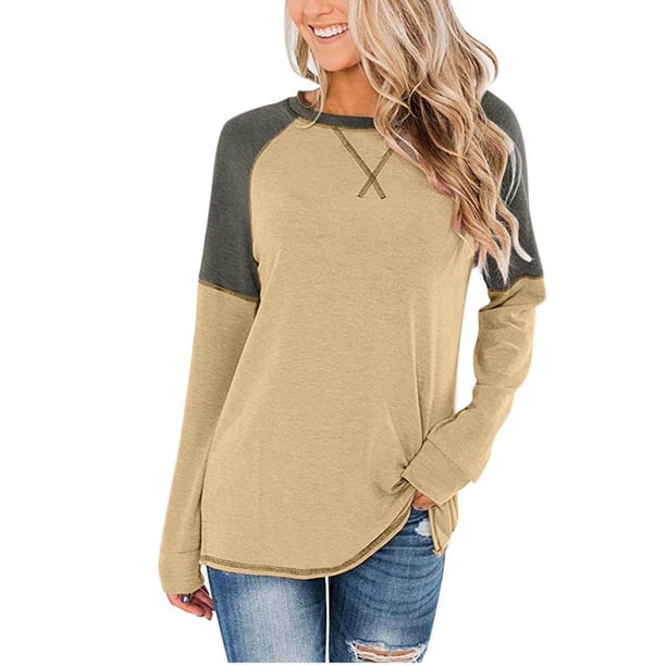 Top informal de costura de Color sólido con cuello redondo a la moda para mujer de manga larga de otoño e invierno Pompotops FGAJ5210