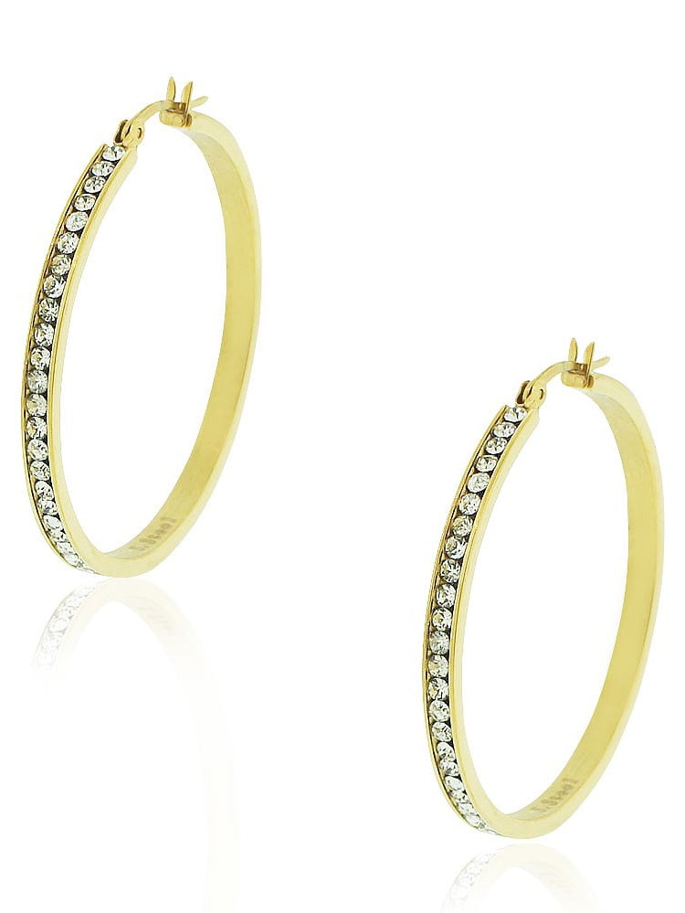 0.85 Stainless Steel White Clear CZ Classic Round Hoops Earrings 