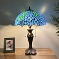 thumbnail image 3 of Tiffany Table Lamp Blue Stained Glass Green Leaves LED Bulbs Included For Living Room Dining room Bedroom Bedside 16"W*16"D*24"H, 3 of 9