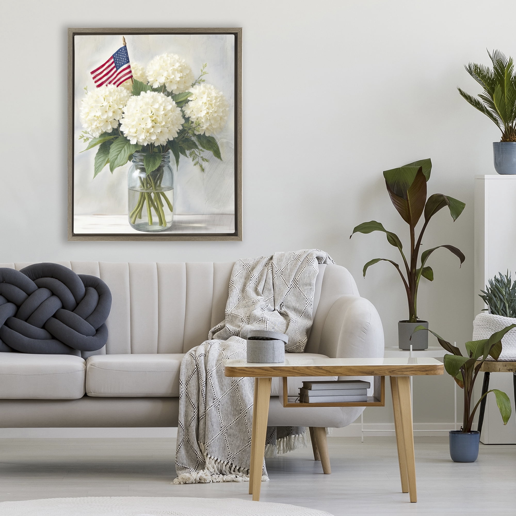 Stupell Industries Festive Patriotic Hydrangea Brown Framed Floater Canvas Wall Art, design by Kim Allen
