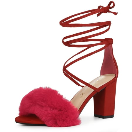 

Unique Bargains Women s Faux Fur Lace Up Strappy Chunky Heels Sandals