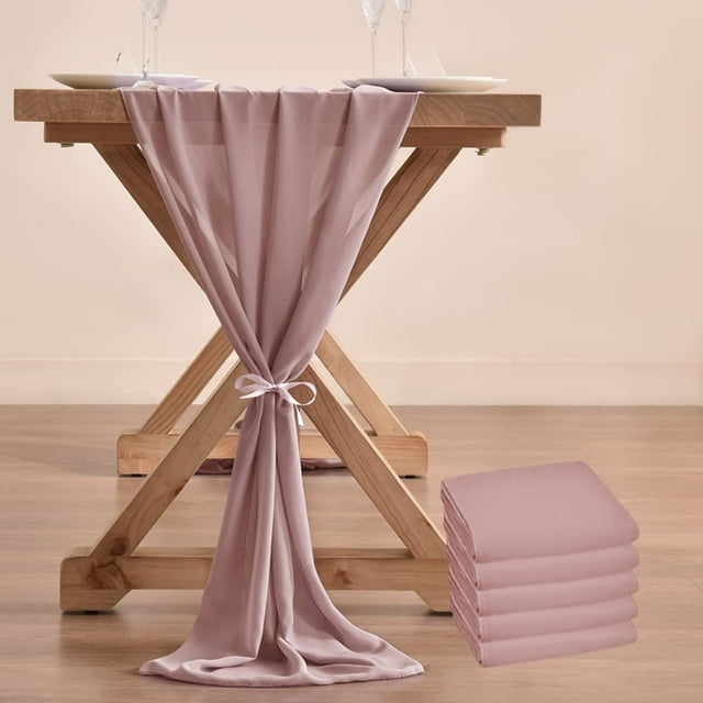 5pcs Chiffon Table Runner Bulk 29x120 Inches Rustic Wedding Table Runner for Bridal Shower Wedding Party,5 Pieces,Dusty Rose