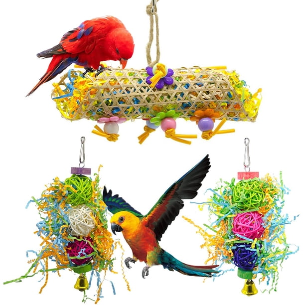 Paquete de 3 juguetes para masticar pájaros, juguete triturador para forraje, jaula para loros, juguete triturador para pájaros, juguetes de lufa, juguete colgante para forraje Namotu WRQX-362