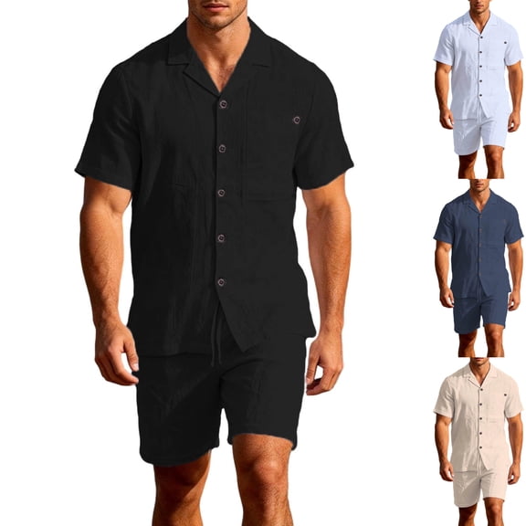 Gamivast 2 Piece Outfits for Men Short Sleeve Camp Collar Shirt & Shorts Linen Textured Summer Beach Sets Loose Soft Breathable Cool Vacation Suits