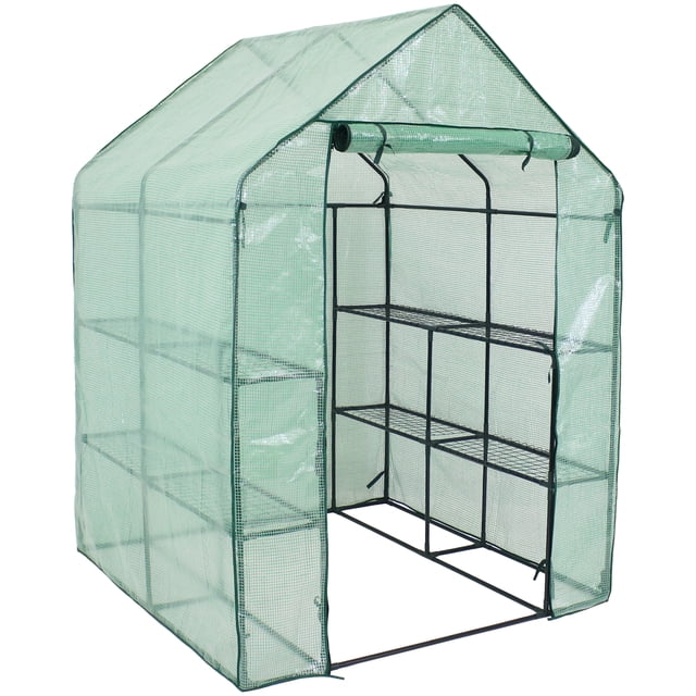 Sunnydaze Outdoor Portable Growing Rack Grandeur Mini Walk-In Greenhouse with Roll-Up Door - 4 Shelves - Green