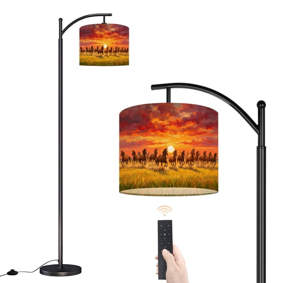 Arc Floor Lamp with Adjustable Lampshade Galloping Horses Sunset Golden Fields Standing Lamp 3 Color Temperatures Dimmable Tall Pole Lamp with Foot Switch for Bedroom