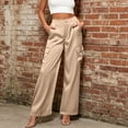 thumbnail image 2 of LEAVINGSUO Cargo Pants Women Satin Work Pants With Elastic Waistband And Button Flap Pockets Casual Trousers Beige M, 2 of 8