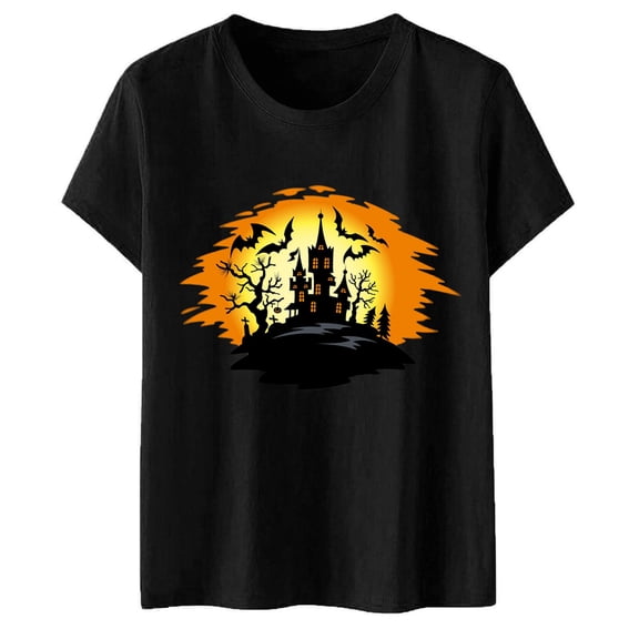 Glisme Halloween Tops For Women Graphic Print Short Sleeve Crew Neck Shirt Party Comfortable Women T Shirt Size L Black