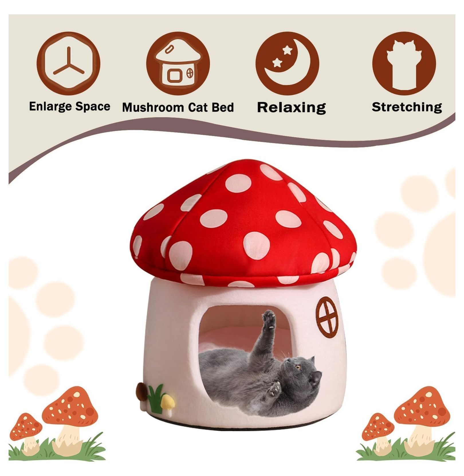 Mushroom Cat Bed for Indoor Cats & Small Dogs - Soft Plush Cave Bed with Removable Cushion, Cozy Pet Nest Tent - Red & White