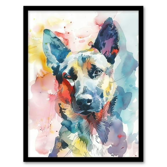 Artery8 Alsatian German Shepherd Dog Lover Watercolour Living Room Art Print Framed Poster Wall Decor 12x16 inch