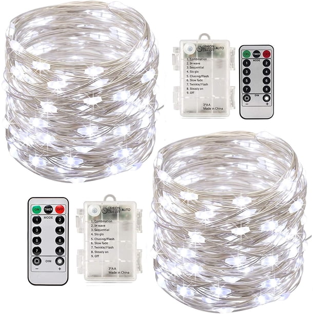 guirnaldas de luces LED a pilas de 10 m, 100 LED, temporizador con mando a distancia, IP65 resistente al agua, decoración interior y exterior para Navidad, bodas, fiestas, hogar y jardín (blanco)