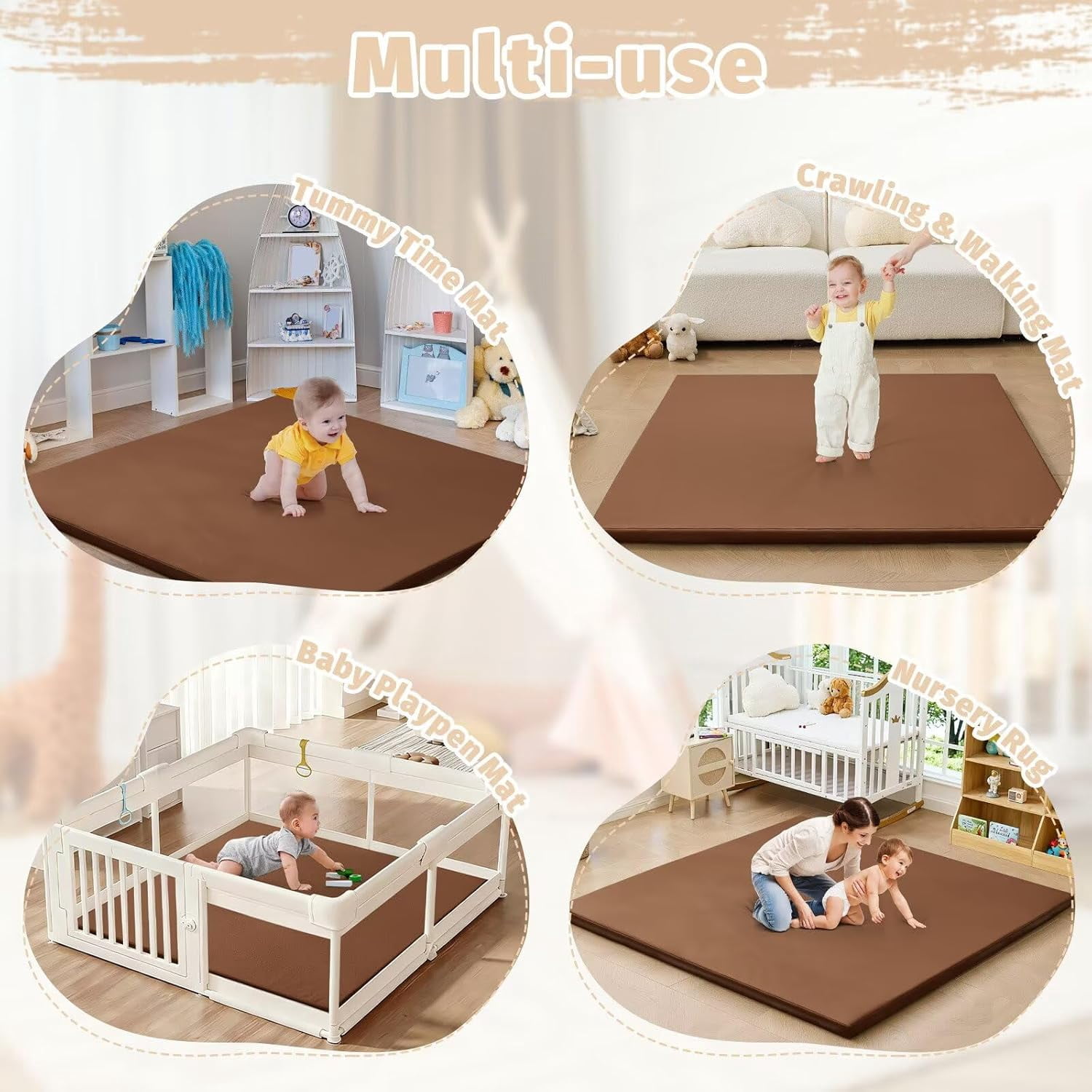 Waterproof Baby Play Mat for Floor Memory Foam 59 * 59 Cushion Playpen Playmat Tummy Time Crawling Mat Nursery Rug Thick Pad Create Soft & Safe Area for Infants,Toddler,Kids,Chestnut