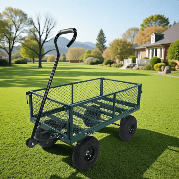 Heavy Duty Wagon Cart with 180° Rotating Handle, Garden Cart with 10" All Terrain Wheels and Removable Sides, Metal Frame Utility Trailer for Outdoor, Yard, Garden, Green