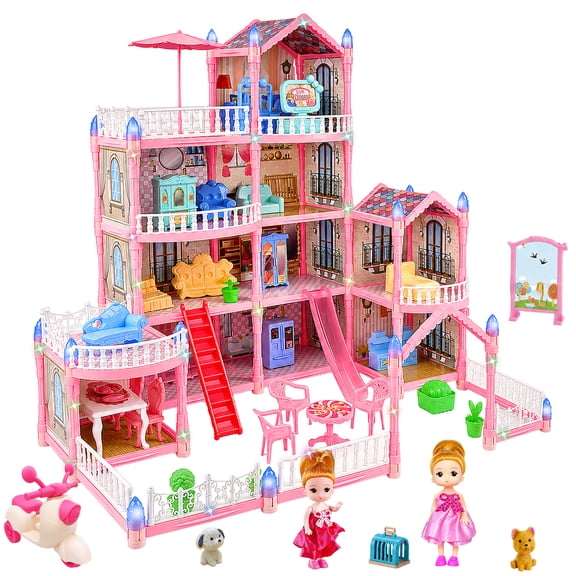 MOJINO 10 Room Pink Dollhouse for Girls Ages 3-8, 280-Piece Doll House with Furniture, Accessories, Princess Dolls, Dog and LED Lights, Pretend Play Gift