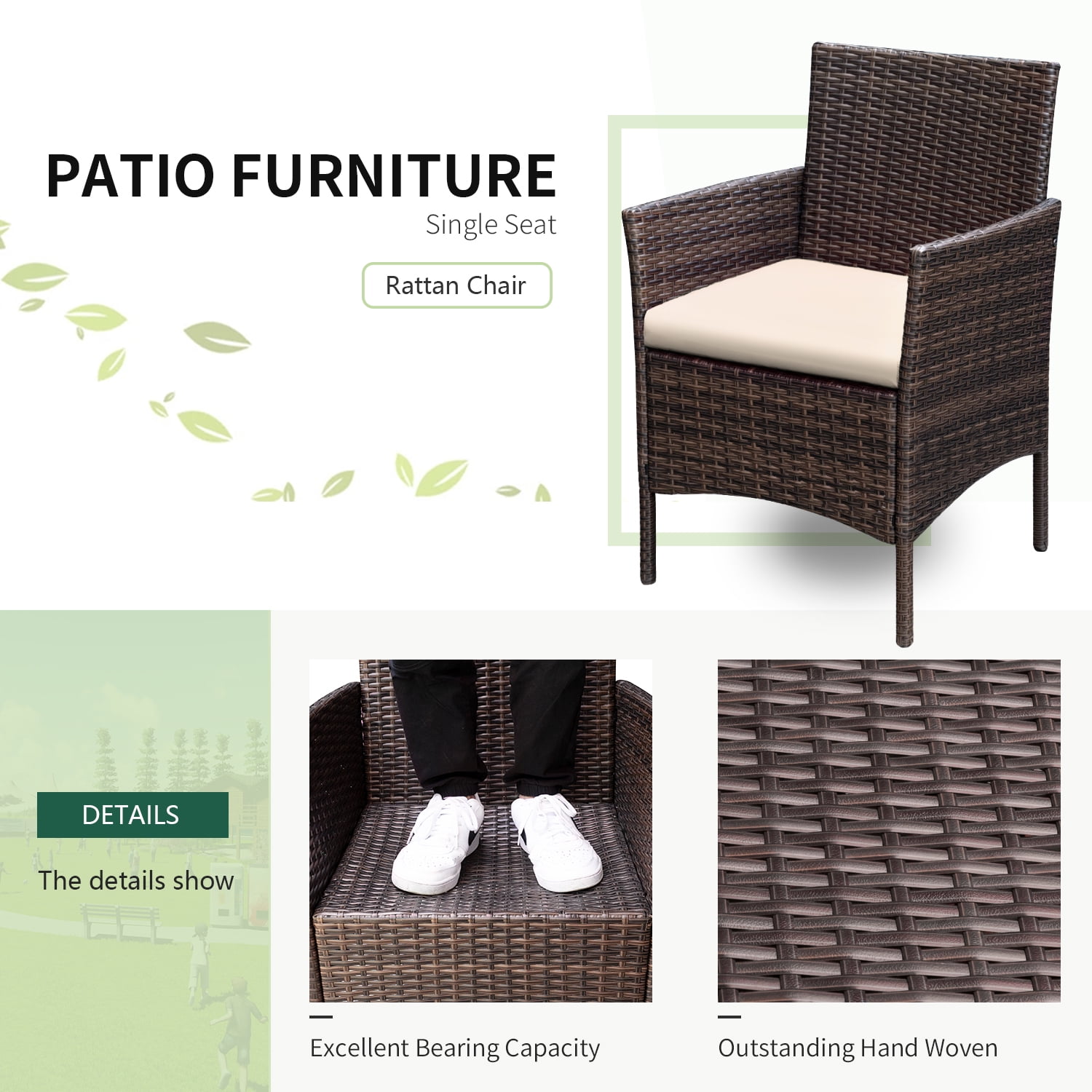 Devoko Patio Conversation Set Outdoor Furniture Set PE Rattan Set of 3, Brown/Beige