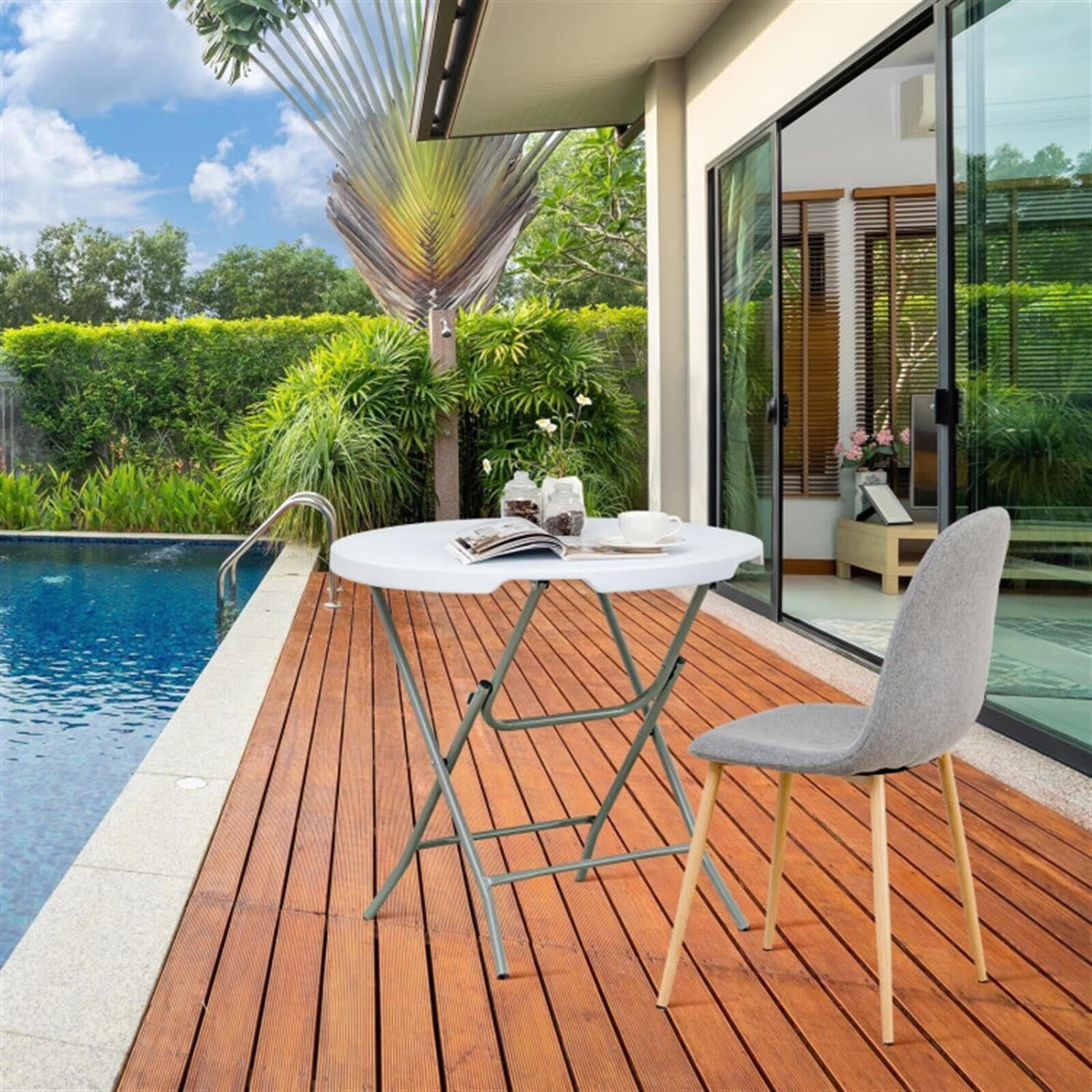 Demi Bonn 32" Round Foldable Lightweight Table with Double Lockable Doors fordoor Outdoor, Portable Fold-in-Half Plastic Dining Picnic Party Camping Table, White