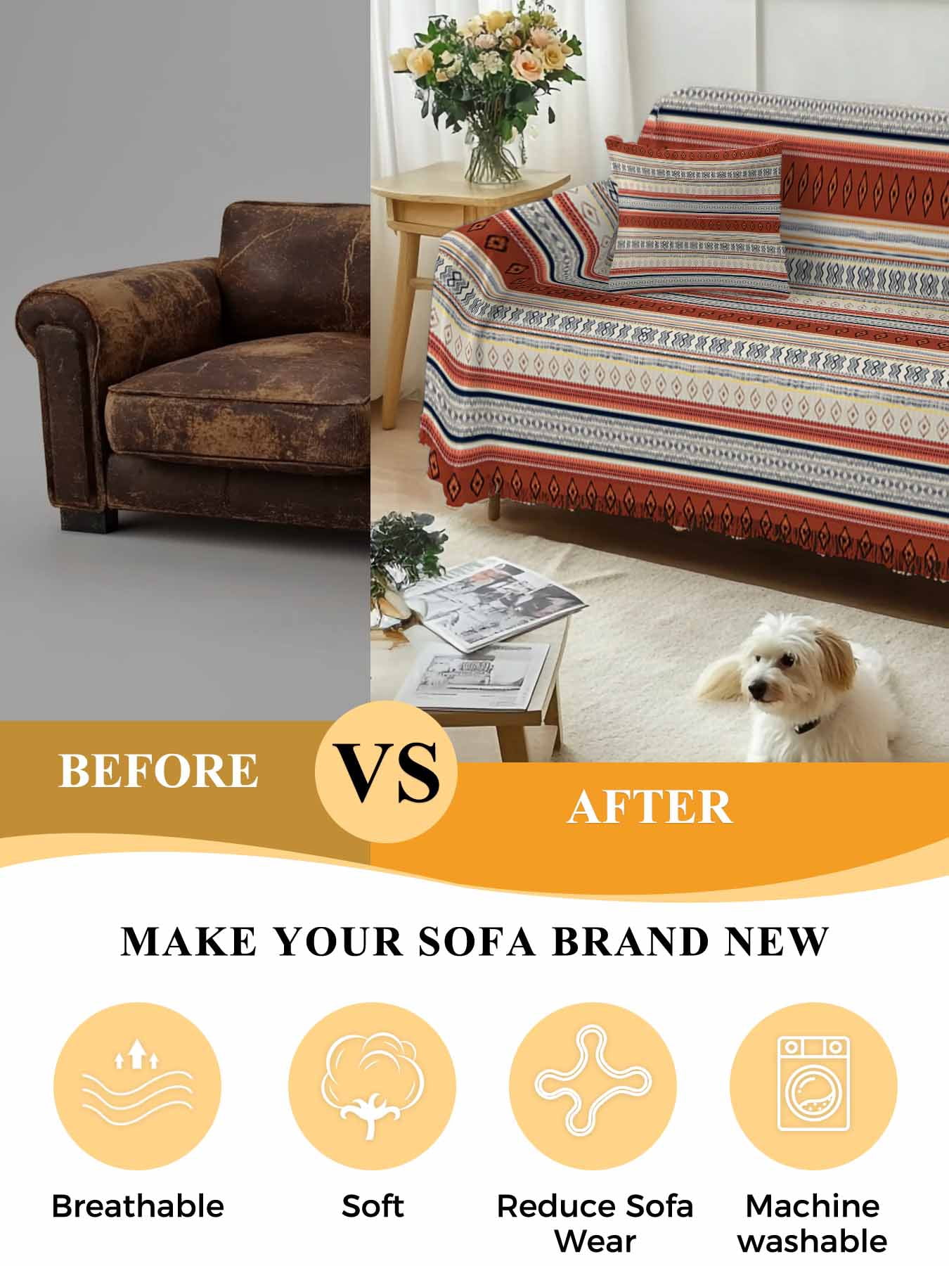 Brown Ethnic Boho Sofa Cover Blanket Couch Covers for Armchair Cushion,Couch Sofa Silpcover with Tassel,Living Room Bedroom Throw Towel Blanket Covers Modern Stripes Geometric Abstract S 71"x91"