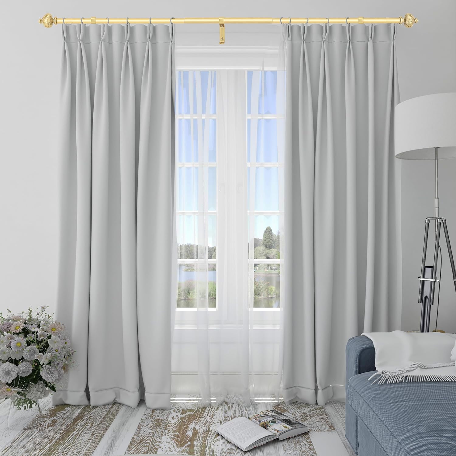 eTeckram 1" Single Curtain Rod with Albert Finials and holdbacks (48''-84'',Gold)