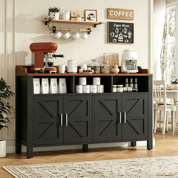 Winkalon Buffet Sideboard with Storage Farmhouse with 4 Doors, 55'' Large Kitchen Storage Cabinet Wood Coffee Bar Cabinet Buffet Table with Shelves for Kitchen, Dining Room, Entryway