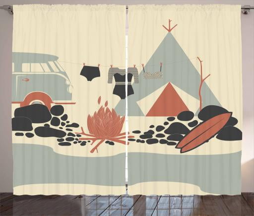 Camper Curtains 2 Panels Set Tent Fire And Hippie Van In