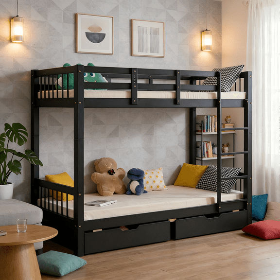 Ktaxon Solid Wood Twin-over-Twin Bunk Bed, Bunk Bed Frame with Guardrails & Charging Station, Black