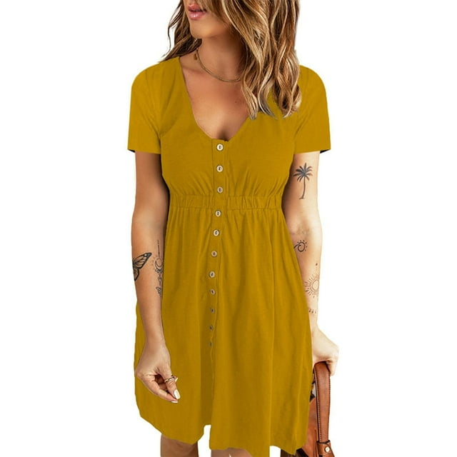 Gspmoly Robes d'Été pour Femmes, Mode Féminine Décontractée Confortable Unie à Manches Courtes Col Rond avec Boutons Robe Longueur Genou Robes de Soirée pour Femmes Liquidation