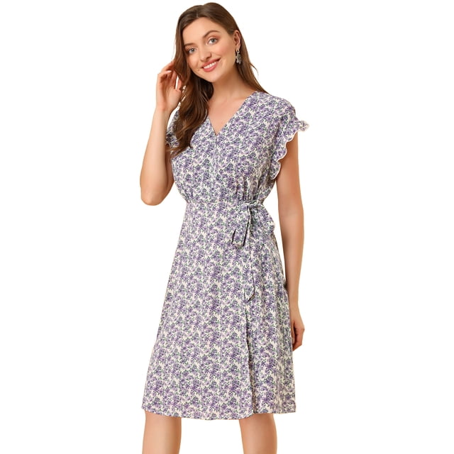 Vestido A Media Pierna Con Cuello En V Y Manga Flutter Boho Para Mujer Floral Beige-Morado XS