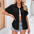 thumbnail image 2 of Camisa de manga corta para mujer, puño enrollado, cuello vuelto, cierre de botón de Color puro, blusa de satén de verano, 2 of 6