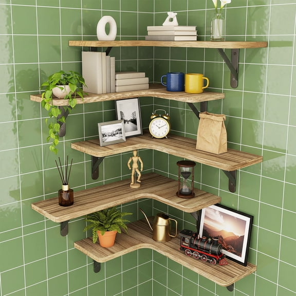 Fairy Corner Floating Shelves, Rustic Wood Wall Shelves, Set of 5, 16.1x11.4 inches, Carbonized Black