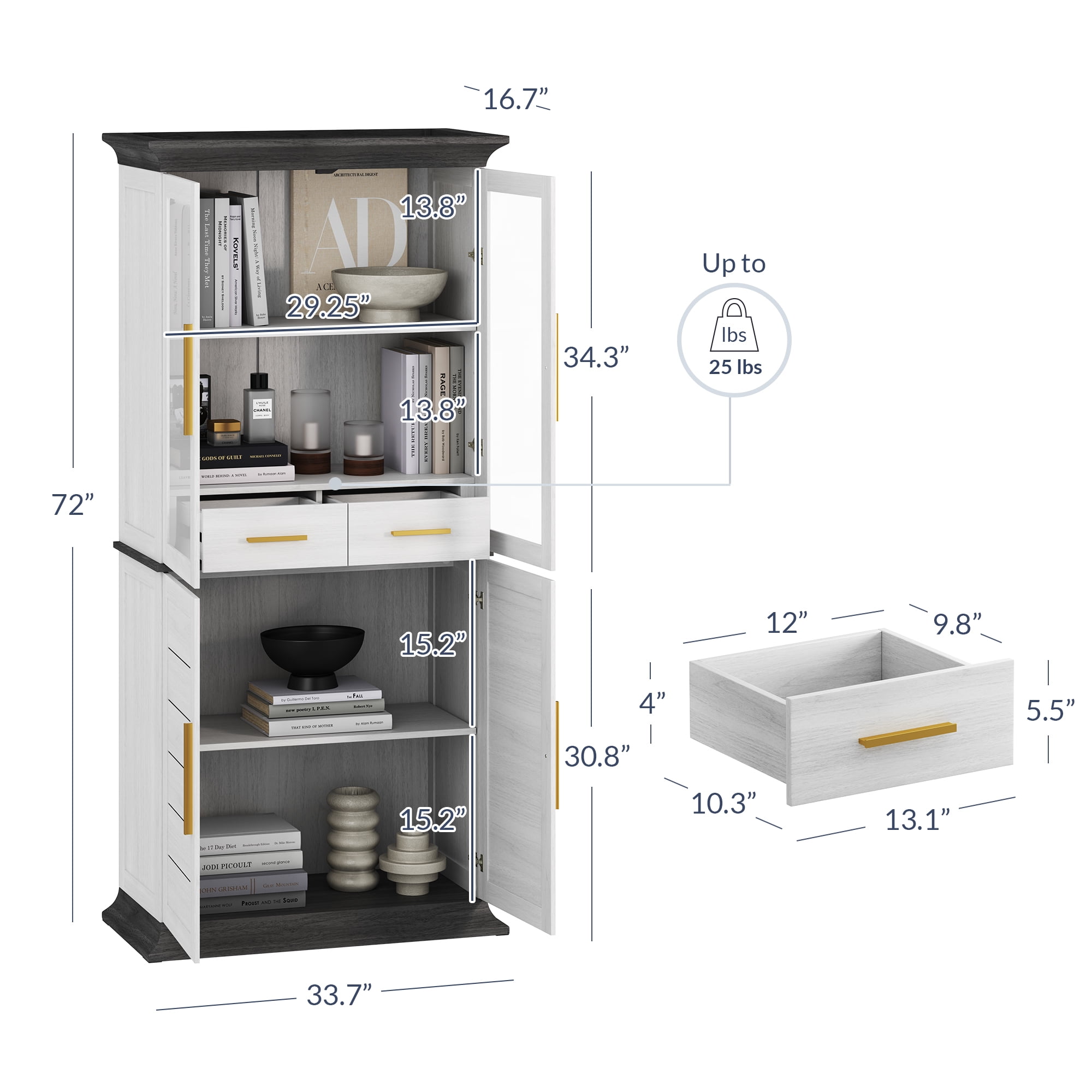 BELLEZE 72" Tall Kitchen Pantry, Large Storage Cabinet With Doors and Shelves, 2 Built-in Drawers, Freestanding Corner Hutch Cabinet With Storage For Kitchen,Dining Room and Living Room (White)
