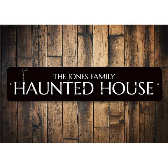 Family Name Haunted House Novelty Sign, Metal Wall Decor - 4x18 inches