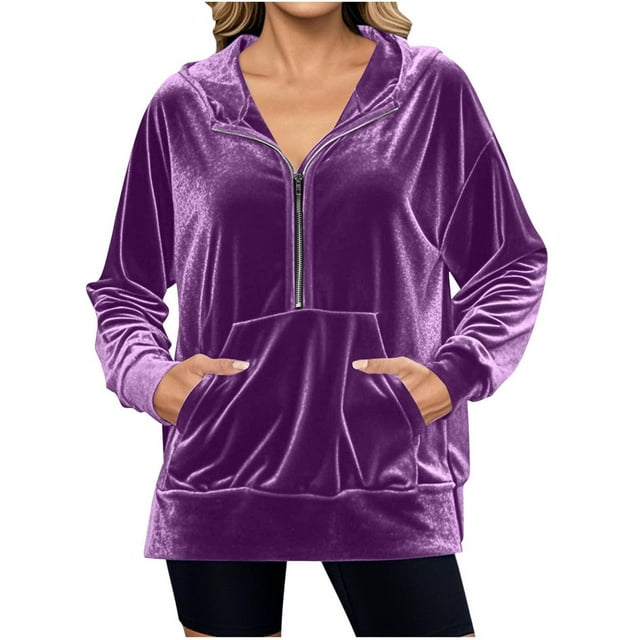 Sudadera con Capucha y Media Cremallera de Terciopelo para Mujer, Estilo Informal, Larga, con Bolsillos S