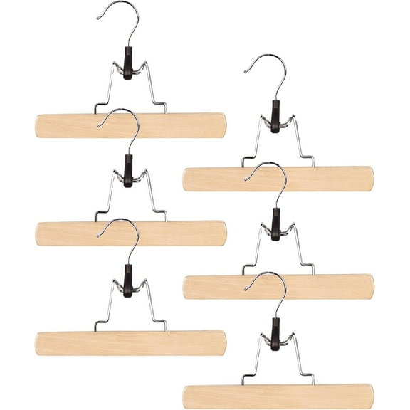 J&V TEXTILES Wood Pant Hangers - Wooden Skirt Hangers - 6 Pack - for Men Shorts and Pants and Women Dress Clothes - Non Slip Slim Closet Space Saving