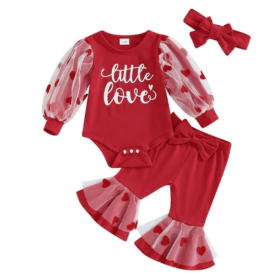 Musuos Baby Girls Valentine's Day Sets 3 6 12 18M Long Sleeve Heart Print Romper Red Flared Pants Headband Sets