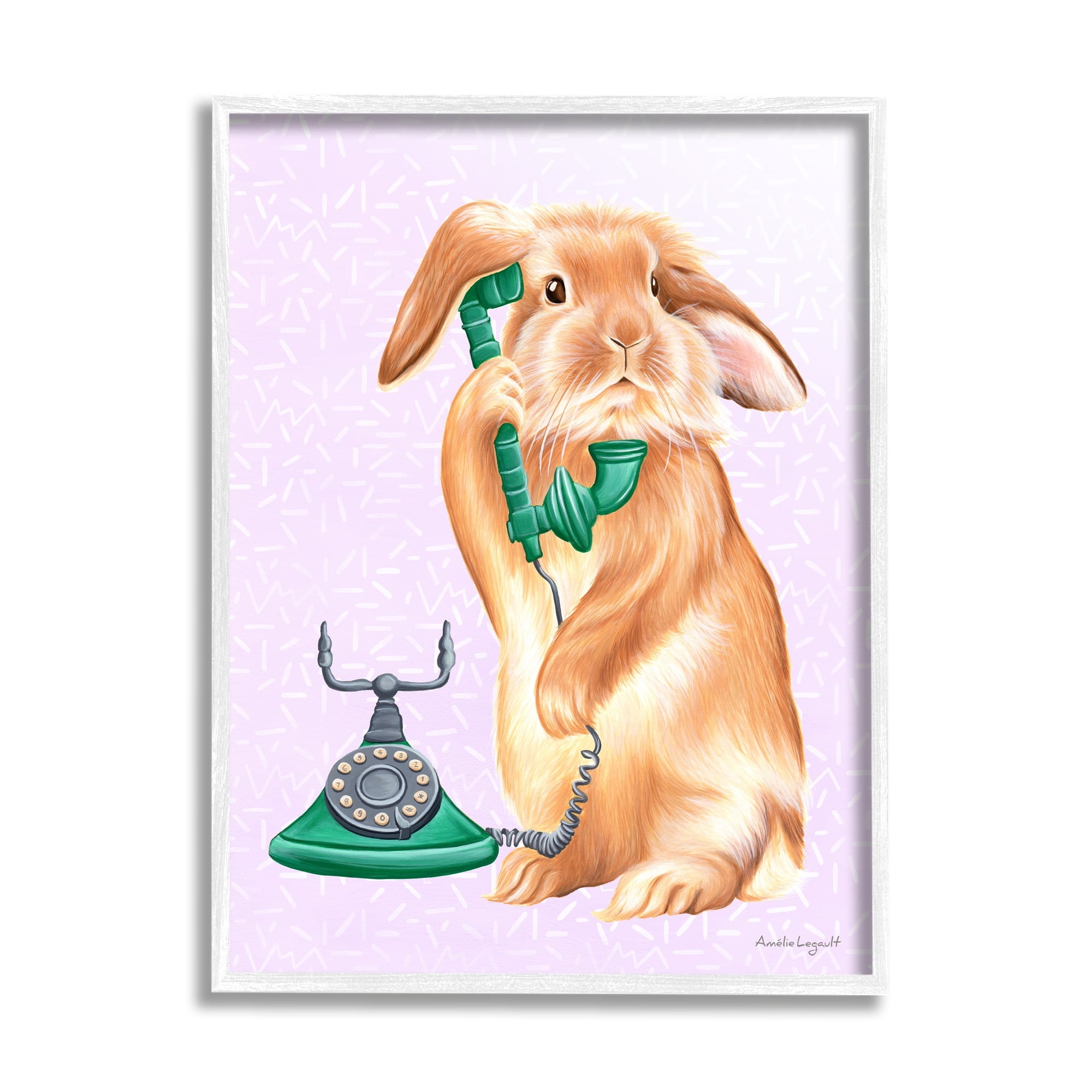 Stupell Industries Fluffy Bunny Rabbit Talking Green Rotary Phone Graphic Art White Framed Art Print Wall Art, Design by Amelie Legault