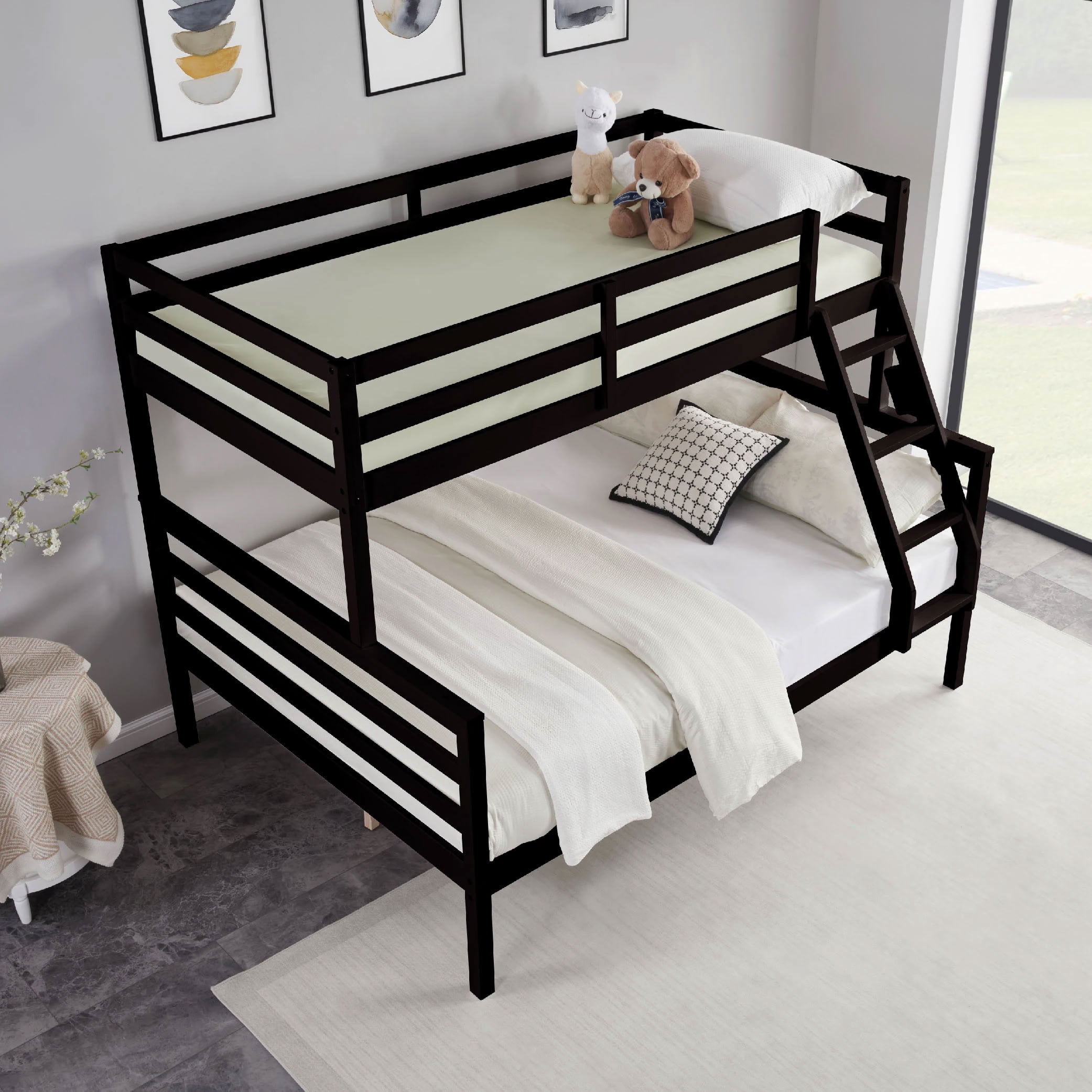 MAYEERTY Twin over Full Wooden Bunk Bed with Ladder and High Guardrail, Space-Saving Bunk Bed for Kids, Teens, Dorm Rooms, and Guest Rooms